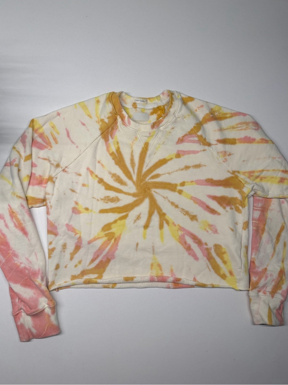 MOTHER Loafer Crop Fray Sweatshirt Size XS Yellow Tie Dye Coral Haze, Lemon